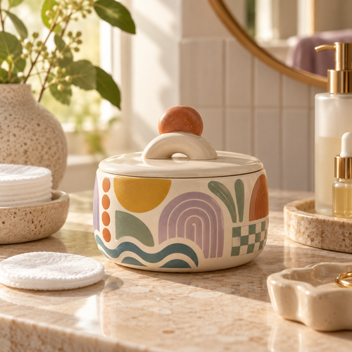 Livaral patterned ceramic cotton pad jar with lid