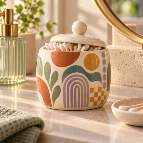 Livaral Artful Ceramic Cotton Swab Jar with Lid, view 1