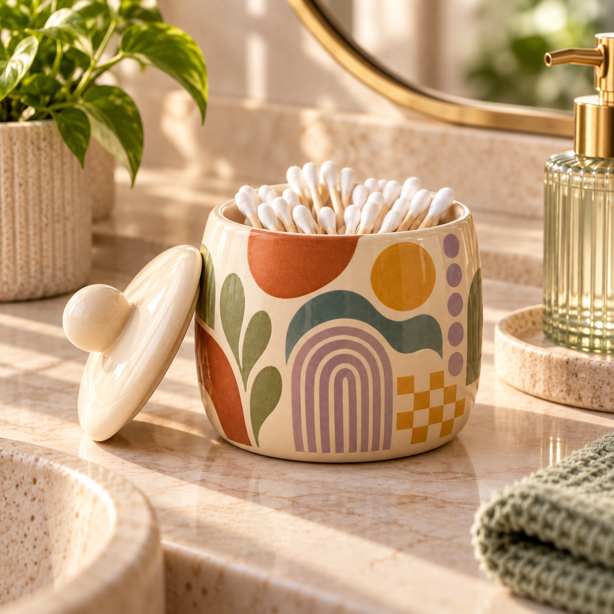 Livaral Artful Ceramic Cotton Swab Jar with Lid, view 2